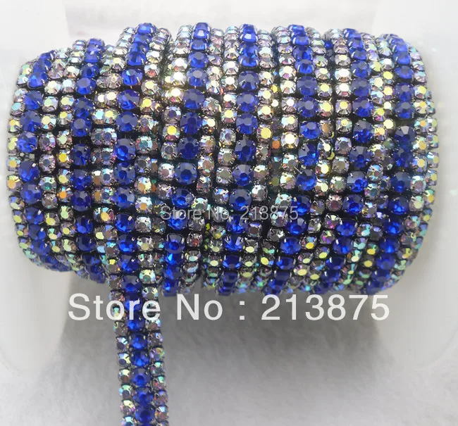 

Free shipping Fashion 1Yard 3row clear Sapphire Blue+AB Crystal glass rhinestone compact Black chain claw trim Applique