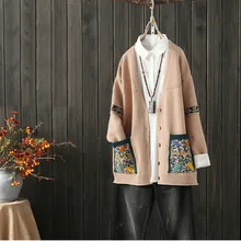 Johnature осень женский вязаный хлопковый свитер с длинным рукавом Повседневный однобортный женский свитер с v-образным вырезом и карманами