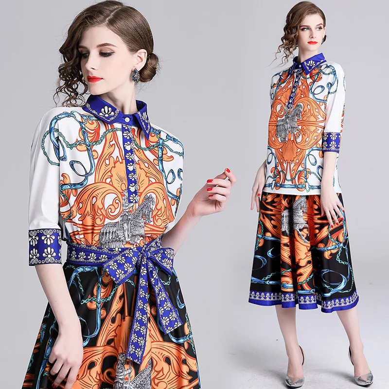 

2019 Spring Summer Fall Runway 2pcs Women Sets Vintage Print Collar Sashes 1/2 Short Sleeve Top Shirt Blouse Luxury Skirt Suits