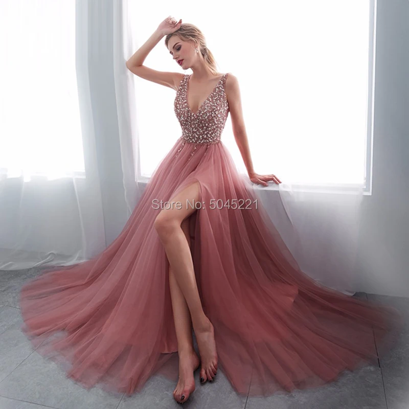 

Beading V-neck Evening Gowns 2019 Abendkleider Dubai Sexy Crystal Split Tulle Prom Dress Long Evening Dress vestido longo festa