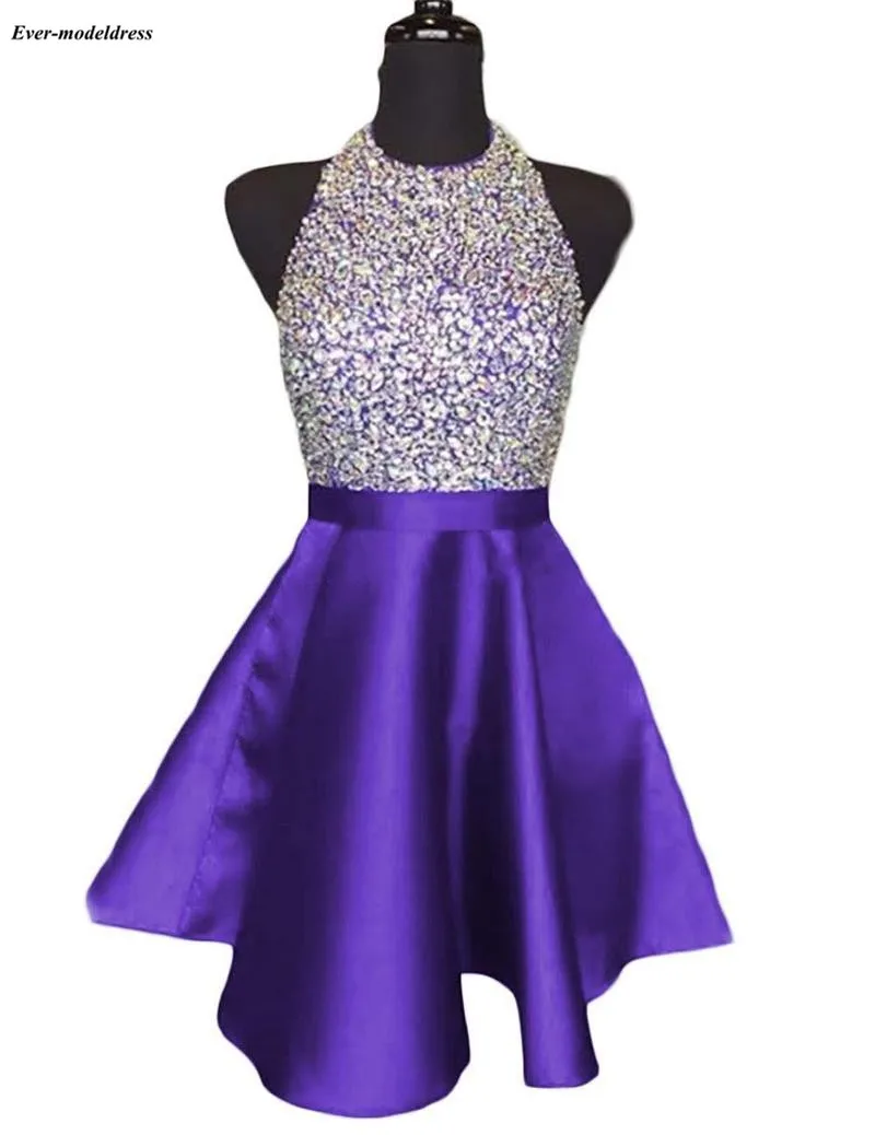 Royal Blue Sparkly Graduation Dresses Halter Backless Beading Short Homecoming Party Dresses vestido de formatura