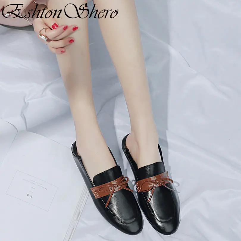 

EshtonShero Women's Shoes Flats Cow Leather+PU Flat Heels Slip On Pointed Toe Mixed Color Black Ladies Loafers Shoes Size 34-39