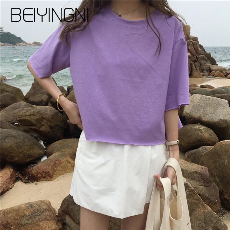 Beiyingni Harajuku укороченная футболка Для женщин Твердые 8 Colods летняя с короткими