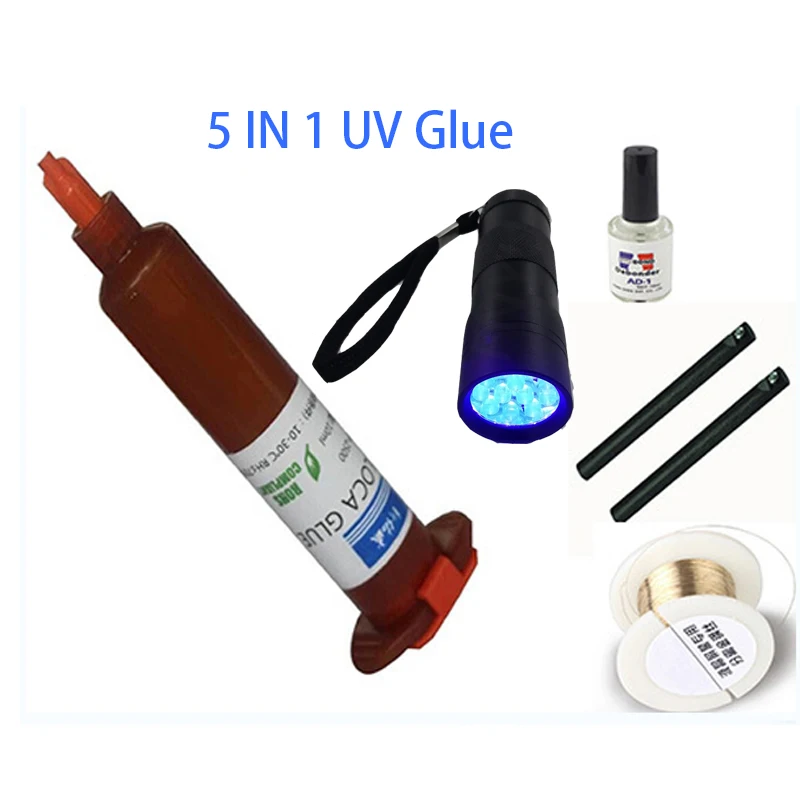 

5 in1 LOCA UV Glue 5ml +Uv Glue Remover 20g +Cutting Wire 50m UV Lamp And Road For LCD Touch Screen Repair