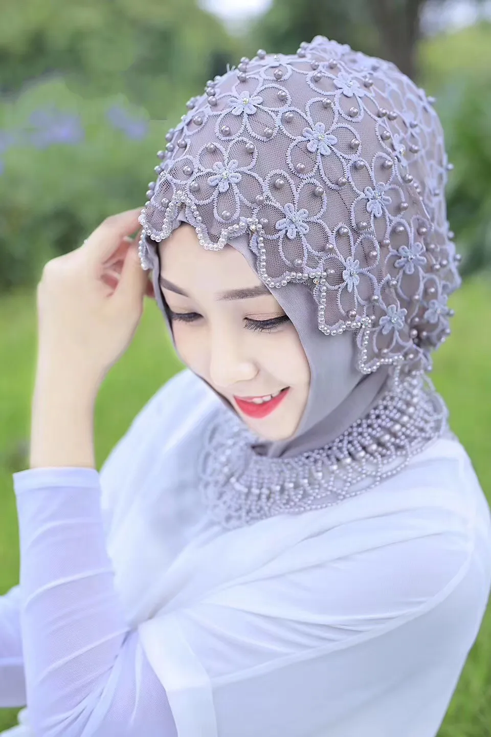 Модальная газовая Роскошная хиджаб с жемчужным ожерельем из двух частей Хиджаб Женский головной убор шарф шаль# FB22