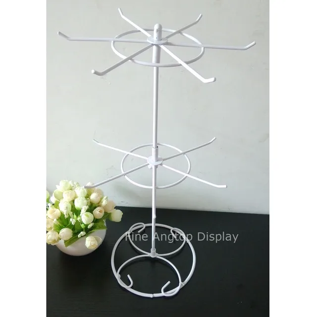 Rotating Metal Iron White Display Rack 12 Pegs 2 Layer Spinning Rotating Metal Iron White Display Rack 12 Pegs 2 Layer Spinning Tiers For Retail Tabletop