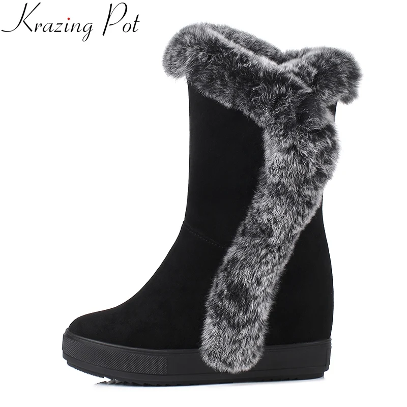 

2019 flock round toe increasing zipper big size fur snow boots platform wedge winter shoe elegant solid women mid-calf boots L72