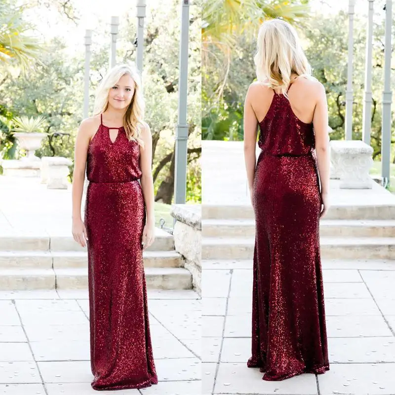 

Elegant Full Sequined Burgundy Bridesmaid Dresses Long 2019 Country Garden Boho Wedding Guest Dress Formal Party Gown