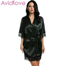 

Avidlove Women Sexy Short Night Robe 3/4 Sleeve Lace-trimmed Satin Kimono Bathrobe Plus Size Loose Nightgrown Lady Sexy Costumes
