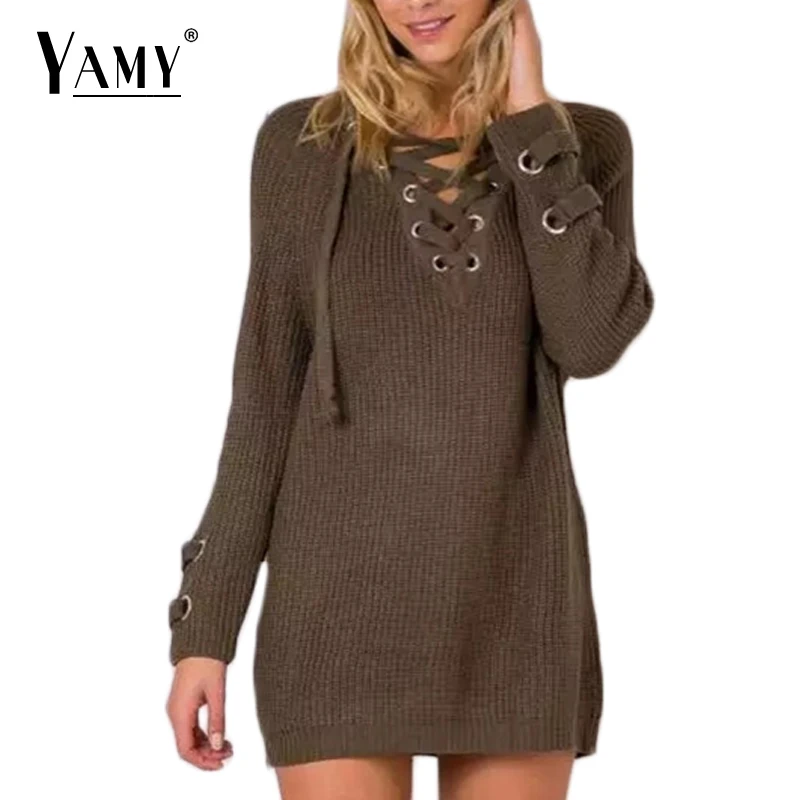 

Lace up knitted long Christmas sweater women Loose pullover knitwear casual 2017 winter autumn lady's sweater elegant pull femme