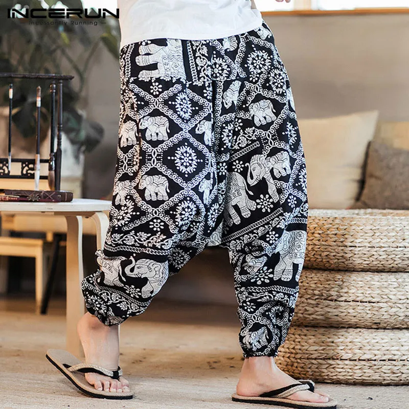 INCERUN 2022 Men Harem Pants Print Retro Drop Crotch Joggers Cotton Trousers Men Baggy Loose Nepal Style Men Casual Pants S-5XL high waisted harem pants