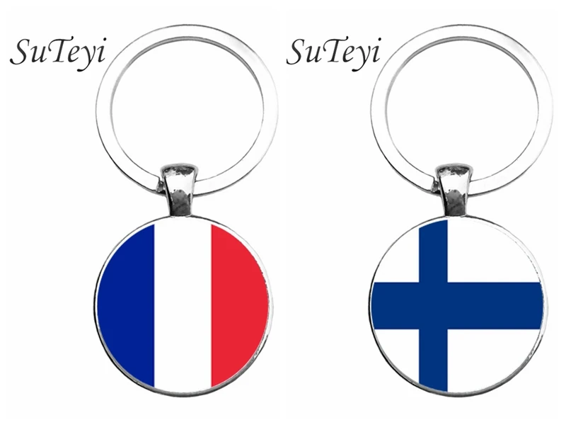 

SUTEYI France/Finland Flag Car Keychain Jewelry Silver Color Glass Art Photo Flag Key Chain Packet key Ring For Men Gift