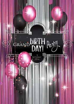 

Birthday sparkly hanging balloon vintage frame silvery pink curtains background Vinyl cloth Computer print backdrop