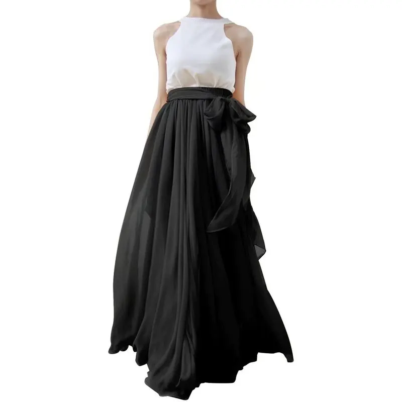 

Women Wedding Maxi Puffy Tulle Skirt Floor Length A Line with Bowknot Belt Wedding Party Evening Long Skirt Saias Femininas