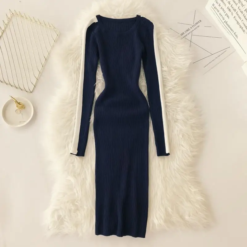 Женское трикотажное платье ALPHALMODA белое Полосатое с длинным рукавом Повседневное