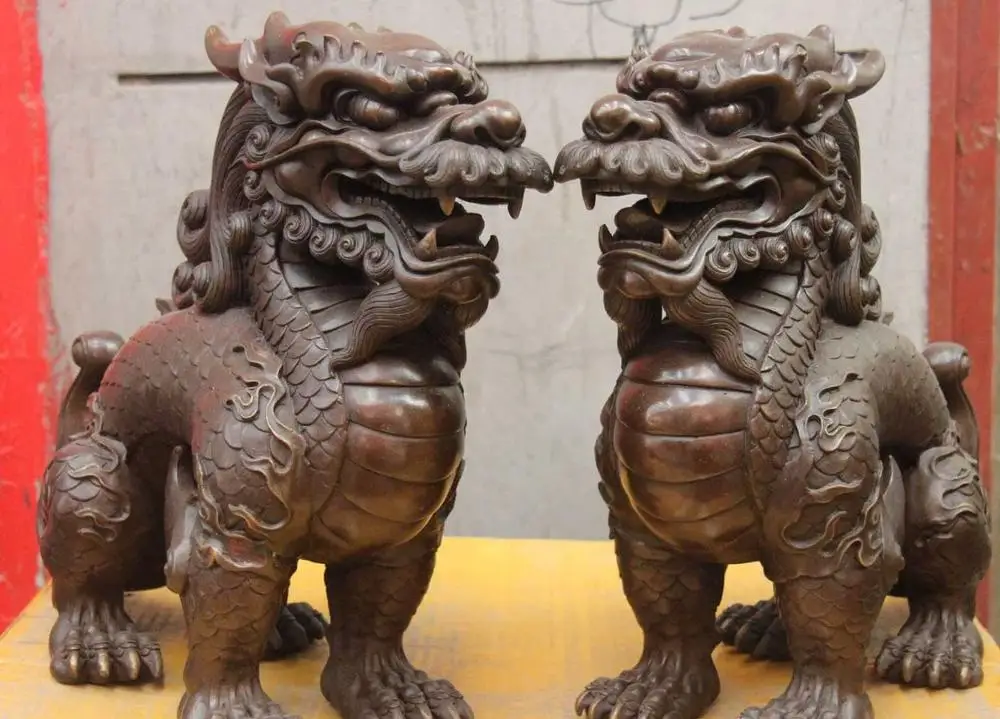 

Royal Palace Pure Copper Bronze Feng Shui Evil Dragon Foo Dog Lion Beast Unicorn