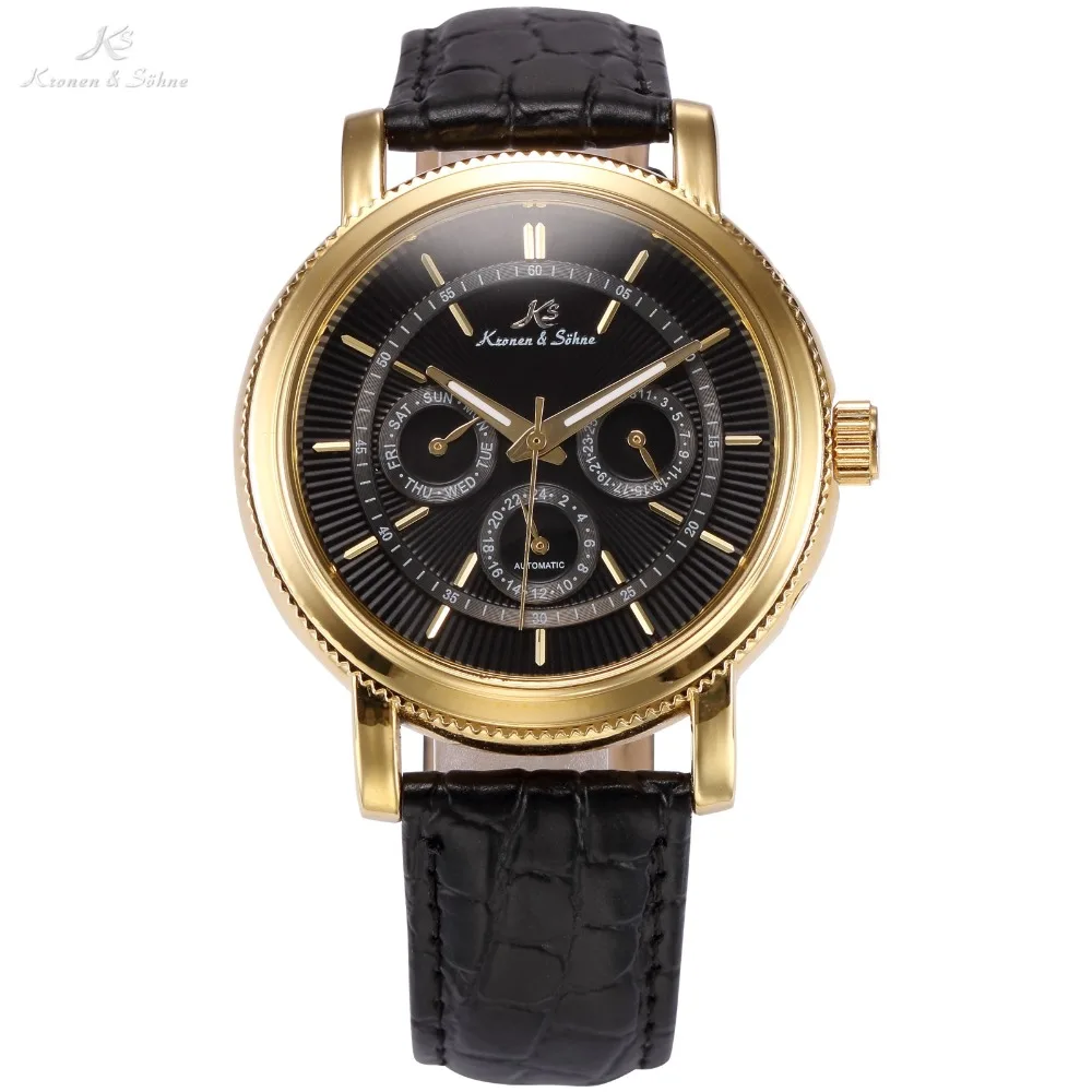 

KS Brand Auto Date Display Relogio Masculino Black Golden Case Leather Strap Men Self Wind Mechanical Casual Wrist Watch /KS249