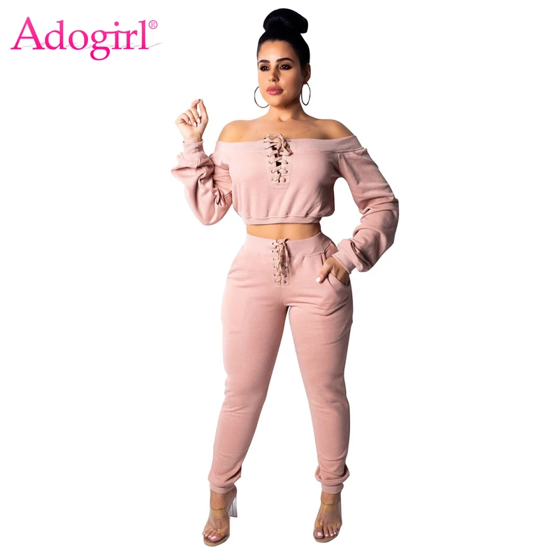 

Adogirl Grommet Lace Up Casual Two Piece Set Women Sexy Off Shoulder Long Sleeve Crop Sweatshirts Top + Pockets Pants Tracksuit