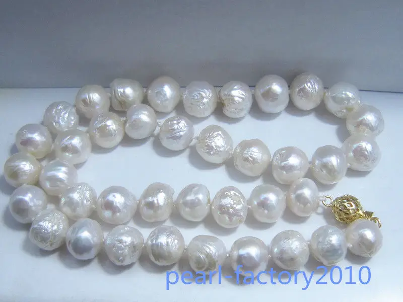 

19" baroque luster 18 11-12 MM NATURAL SOUTH SEA white PEARL NECKLACE 14K Go (0926)