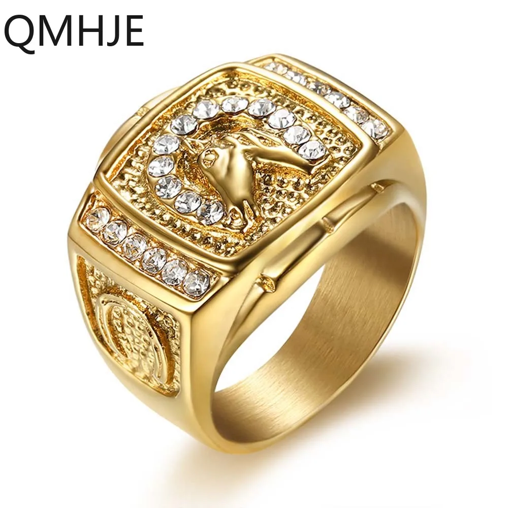 

Animal Horse Titanium Steel Clear CZ Men Ring Signet Punk Rock Hip Hop Gold Color Silver Wedding Band Jewelry Biker QMHJE DAR289