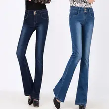 Новые женские синие джинсы стрейч джинсы-клеш с высокой талией колокол женские темно-синие джинсы скинни Стретч больших размеров размеры q50