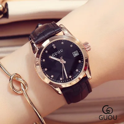 

6 Colors fashion Luxury Brand GUOU women watch waterproof Casual ladies quartz watches Leather Rhinestone watch Relogio feminino