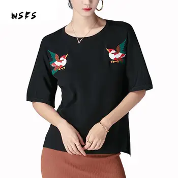 

Summer Sweater Pink Black White Beige Knitted Tshirt For Womens Sweaters And Pullovers Oneck Short Sleeve Bird Embroidery Loose
