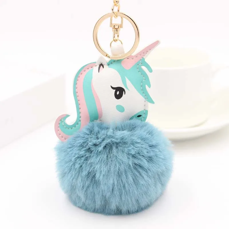 Pompom Unicorn Keychain Rabbit Fur Ball Horse Key chain porte clef Bag Car Keyring llavero mujer chaveiros For Women