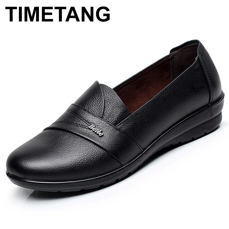 

TIMETANG Leisure solid black shoes women flats genuine leather slip-on loafers large size 35-41 ladies shoes dames schoenenE539