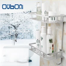 OUBONI Aluminum Bathroom Shelf Shower Shampoo Soap Bathroom Storage Organizer Kitchen Double Shelf Bathroom Racks w/Hooks