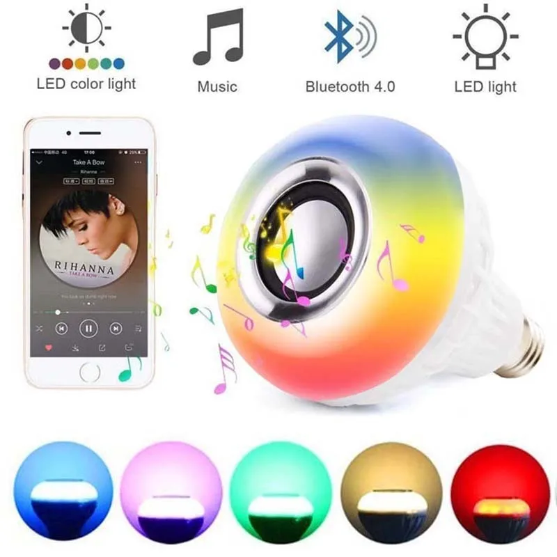 E27 Smart RGB RGBW Беспроводной Bluetooth Динамик лампа Музыка Воспроизведение затемнения светодиодный лампа с 24 кнопок пульта дистанционного