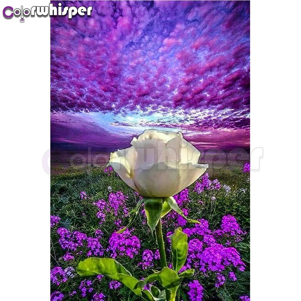 

Diamond Painting Full Square/ Round Drill Purple Cloud Flowers White Rose 5D Daimond Painting Mosaic Rhinestone Embroidery 102XP