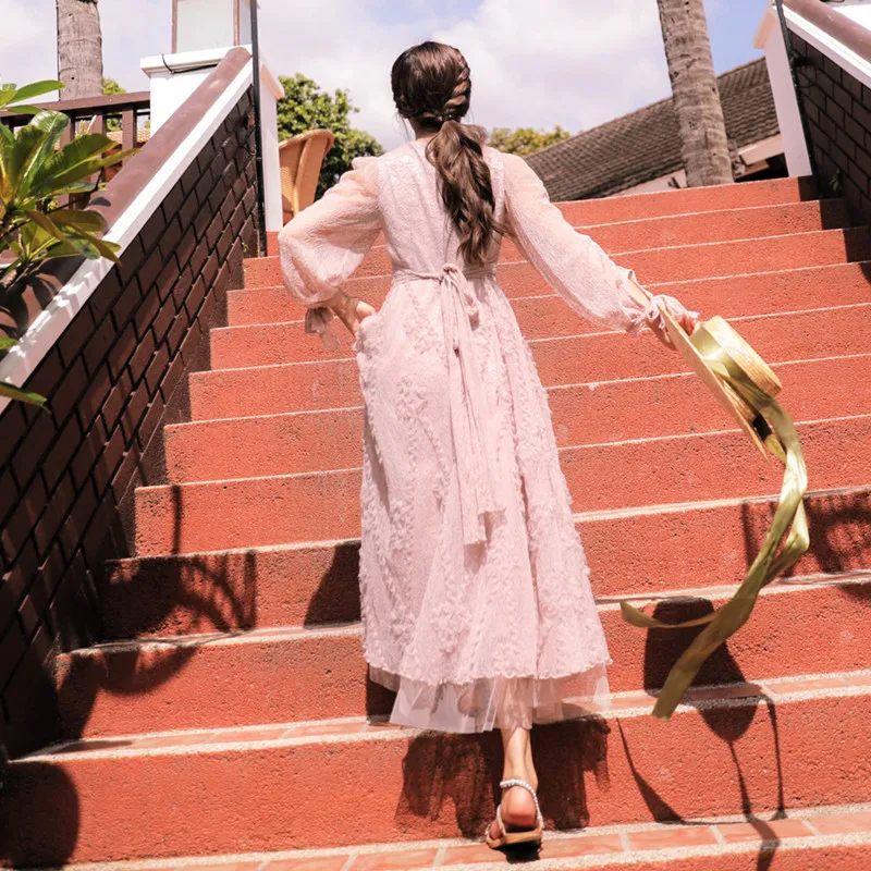 Ubei весна/лето винтажное платье шоу стройность французская фея платье кружевное розовое длинное платье женская мода