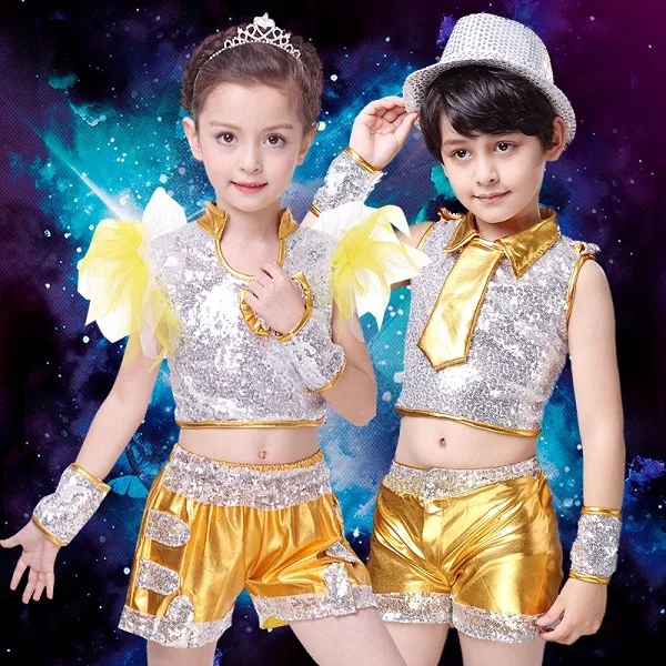 (10 комплектов) Детские костюмы с пайетками хип-хоп Джаз танцевальная одежда детская одежда для детей полный комплект со шляпой