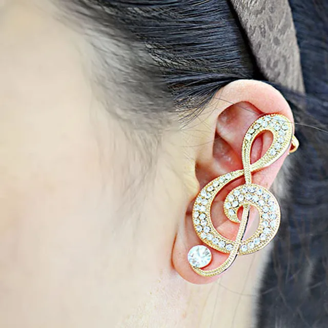 Hot Las Womens Sweet Gold Crystal Music Cuff Ear Clips Earring Hot Las Womens Sweet Gold Crystal Music Cuff Ear Clips Earring Earrings For Women Traugs Piercing