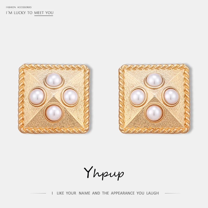 Yhpup Новые Модные Винтажные брендовые квадратные геометрические серьги-гвоздики, индийские массивные серьги с искусственным жемчугом для женщин, ювелирное изделие, подарок