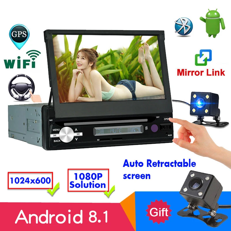 

7" Automatic Retractable Screen 1din Android 8.1 2G+16G Car Radio stereo Quad-core GPS Bluetooth Mirror Link WiFi MP5 AM FM RDS