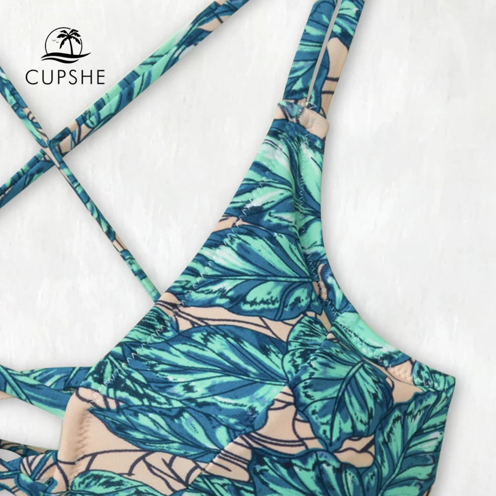 Billige CUPSHE Blätter Print Lace Up Bikini Sets Frauen Sexy Spitze up Zwei Stücke Badeanzüge 2020 Mädchen Strand Badeanzüge bademode