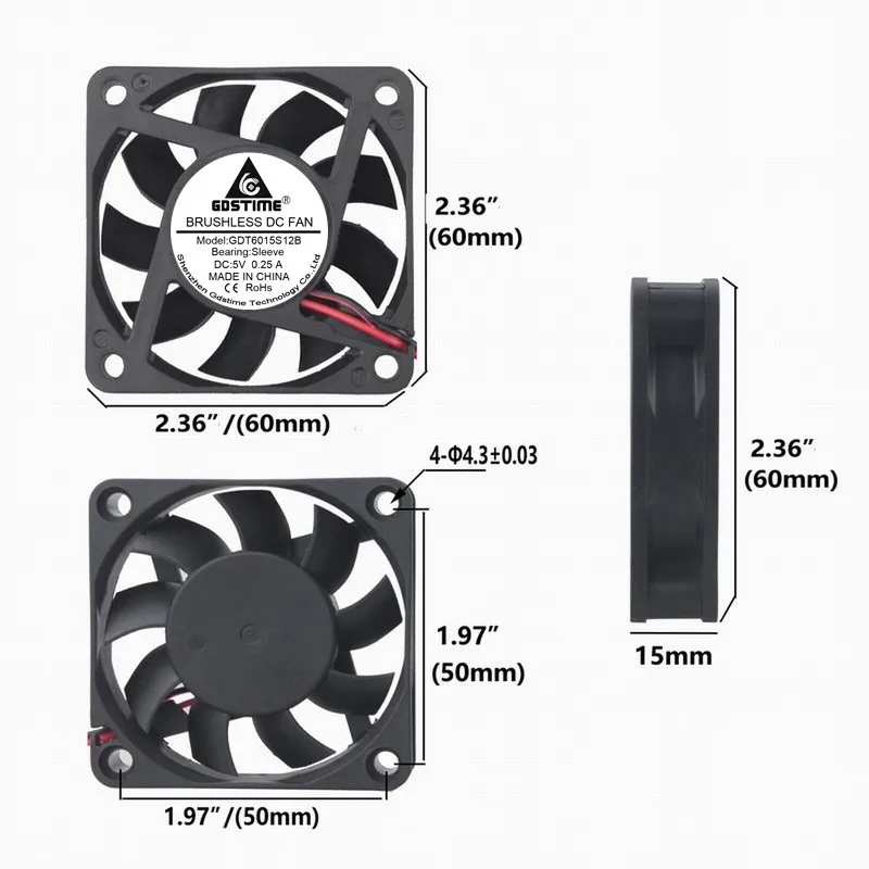 100 шт Gdstime 6015 60 мм 6 см DC 5V 2Pin кулер осевой охлаждающий вентилятор
