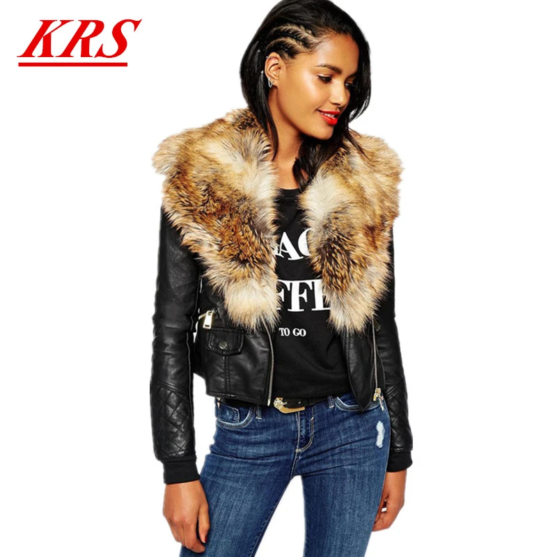 Venta caliente Faux Chaquetas de Cuero Suave 2017 Mujeres Del Invierno Del Otoño Cuello De Piel Negro Blazer Cremalleras de Pimkie K5|faux soft leather jacket|soft leather jacketleather jacket