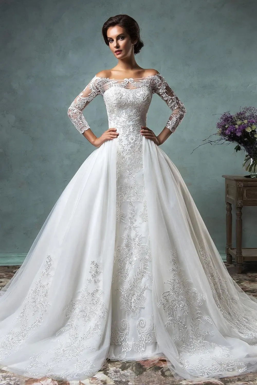 2016 New Fashion Long Sleeves Wedding Dresses With Detachable Train 2016 New Fashion Long Sleeves Wedding Dresses With Detachable Train Lace Lique Off The Shoulder 3 In 1 Unique Bridal Gowns From