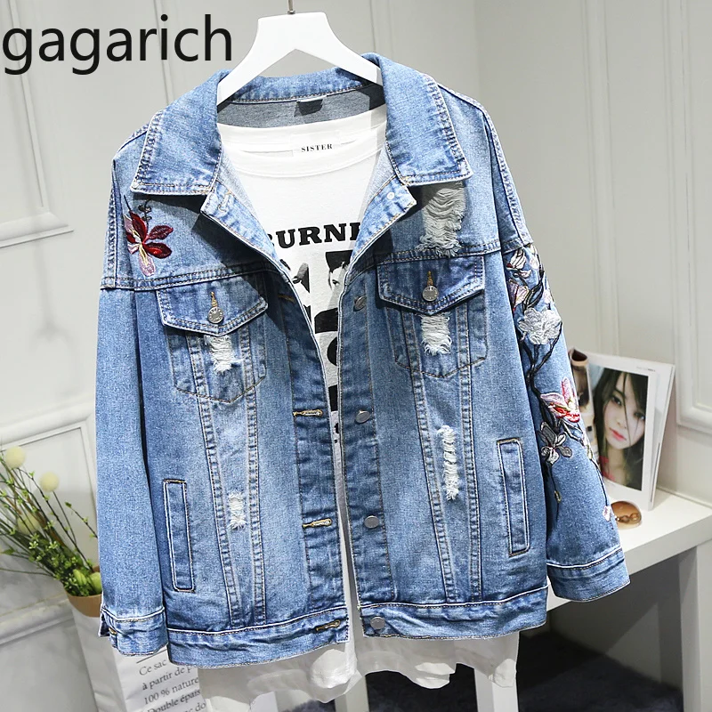 

Gagarich Women Jacket 2019 Spring Autumn New Korean Version Plus Size Long Sleeve Loose Floral Embroidered Denim Coat