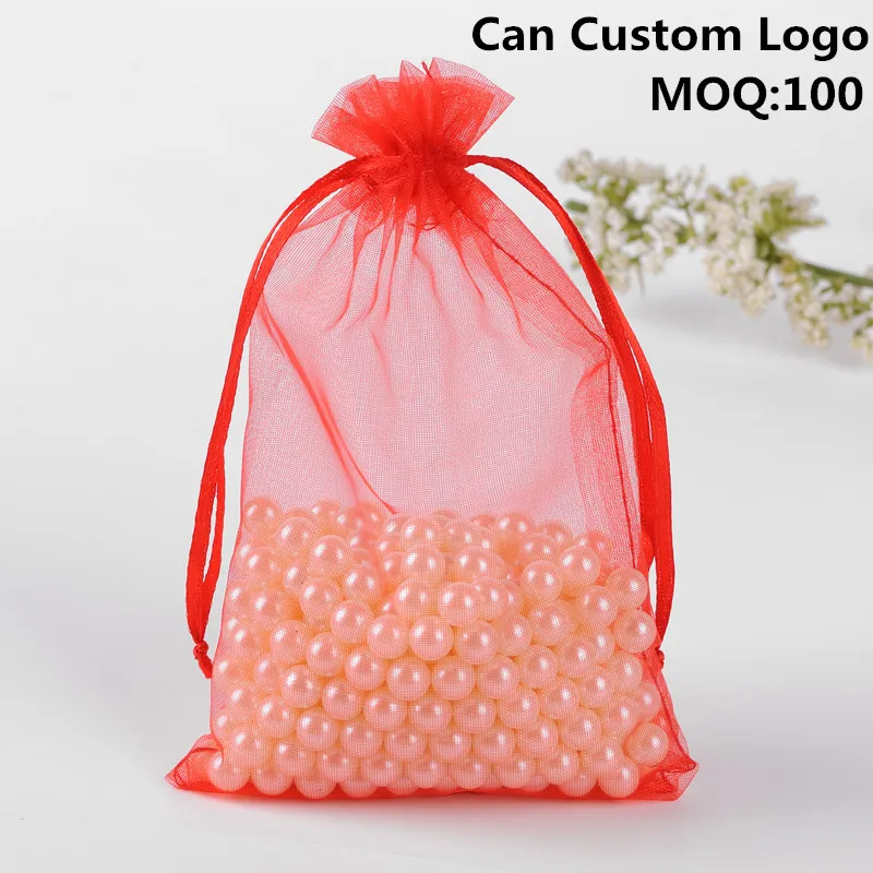 Bolsas de regalo, сумки из органзы, 15x20 см, 100 шт, organizador de joyas, свадебные украшения, Подарочная сумка с логотипом на заказ - Цвет: Red