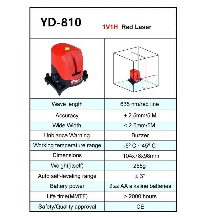 YD-810 360 градусов самонивелирующийся Крест Красный лазерный уровень длина волны 635nm 1V1H красный 2 линии 1 точка мини портативный инструмент