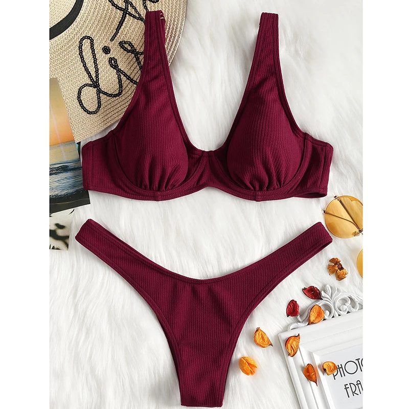ZAFUL 2019 High Leg Ribbed Texture Thong Bottom Bikini Swimwear Push Up Women Swimsuit Spaghetti Straps Solid Brazilian Biquni |