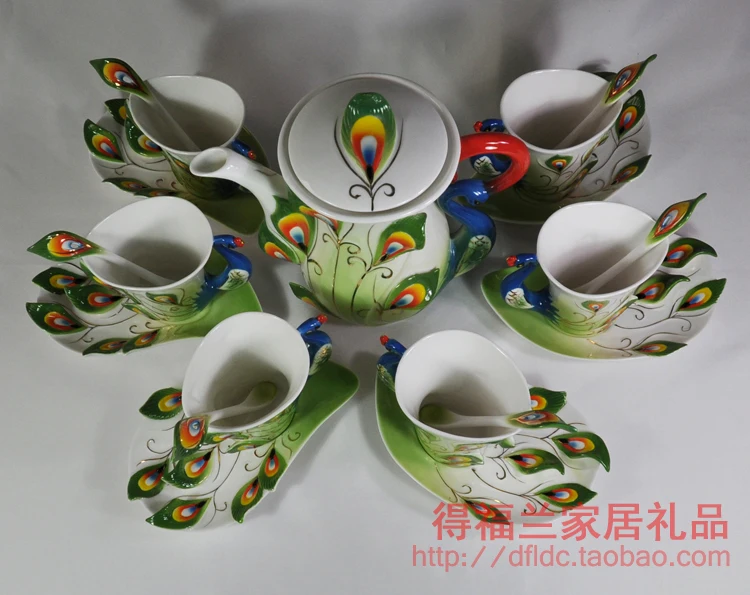 Китайская керамическая кофейная чашка, 9 шт., эмаль, фарфор, павлин, кофейный сервиз, Европейский стиль, костяный китайский чайный набор
