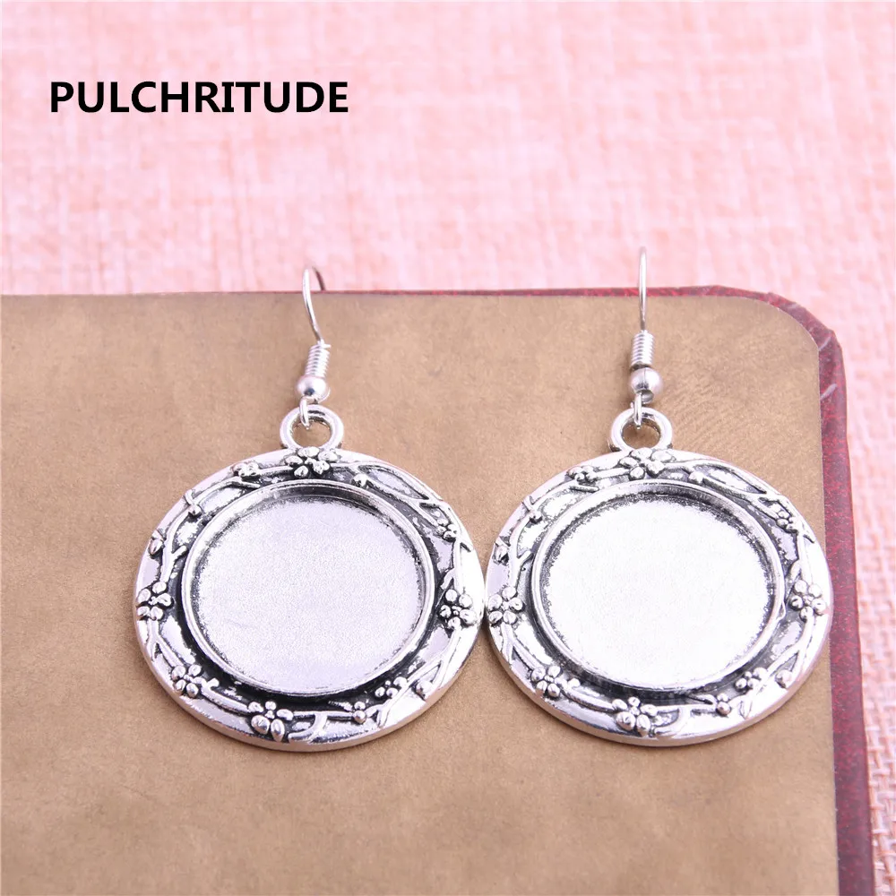 

PULCHRITUDE 8PCS Fit 20mm Dia Alloy Antique Silver Flower Round Cabochon Setting Earring Base Fit For Dangle Earring DIY T0627