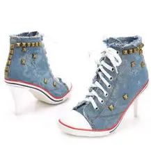 Pumps Women Shoe 2015 Sexy Personality Winter Shoes Lace-up High-top Lace Thin Heels High-heeled Cowboy Canvas Rivets Plus-size