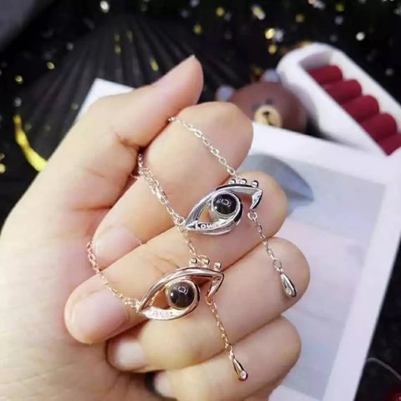 

Dropshipping Rose Gold 100 Language i Love You Projection Necklace Women Evil Eye Charm Stainless Steel Chain Collares 2019