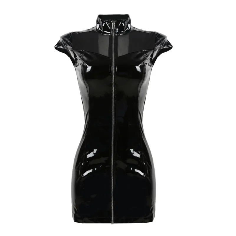 Высококачественное женское черное сексуальное платье на молнии из ПВХ кожи, модное женское мини-платье в стиле пэчворк из искусственной кожи - Цвет: Черный
